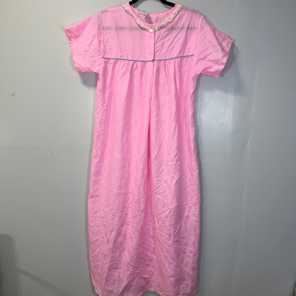 VTG Pink Lace Trim Nightgown Short Sleeve Long Maxi Housecoat 38-40 Lightweight